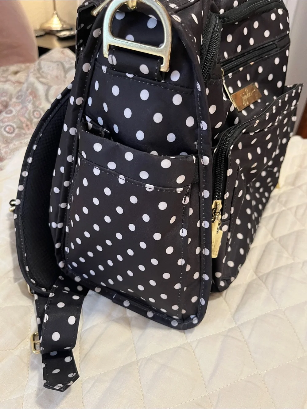 JuJuBe BFF Duchess - Polka Dot Black Baby Diaper Bag with Gold Accents